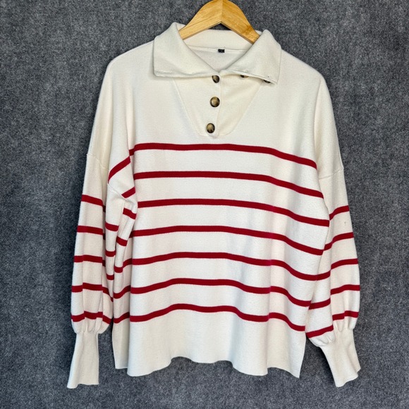 Womens L Sweater Red Striped Knit Collared Button Up Pullover Preppy Classic - Picture 1 of 10